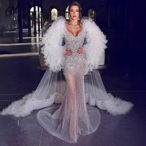 Stora Beading Mermaid Aftonklänningar med Cape Luxury Puffy Långärmade Tulle Court Train Prom Gown Party Formell Two Pieces Dress Robe de Soiree