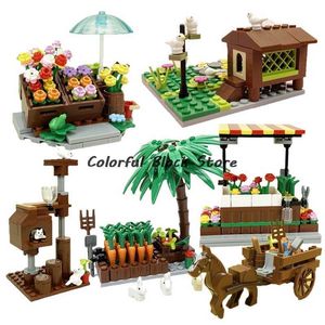 Street View Building Block Tillbehör Flower Shop Carriage Farm Animal Fjäderfä Grönsak Garden Bird House Cat Moc Toy Kid Present Q0823