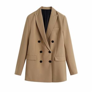 Vintage Frauen Chic Blazer Büro Damen Taschenjacken Elegante Weibliche Kausal Slim Anzüge Solide Khaki Mädchen Sets 210427