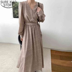 Elegant Maxi Long Dress Korea Chic Vintage Puff Sleeve Print s Casual V-neck with Ribbon Vestidos Feminino 12526 210506