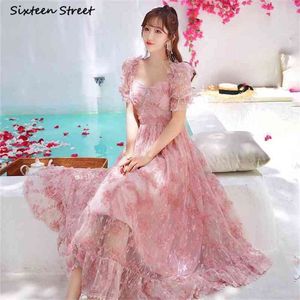 Summer Beach Elegant Pink Dresses for Woman Square Collar High Waist Maxi Party Clothing Vintage Evening Lace 210603