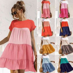 Summer vintage mini casual dresses for women Color block loose womens Cut And Sew Ruffle Hem Smock vestido 210508