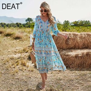 [DEAT] Women Temperament Elegant V-neck High Waist Knee-length Half Sleeve Printing Loose Dress Summer Fashion 13C638 210527