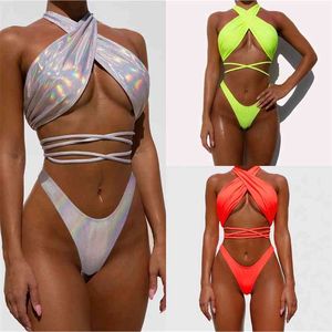 Cross Backless Bandaż Hollow Out Bikini Push Up Seksowny Strój Kąpielowy Stringi Swim Siatek Kobiety Swimwear Brazylijski Body Pomarańczowy 210604