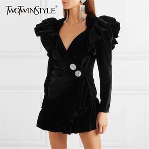 Elegant Patchwork Diamond Ruffle Dress For Women V Neck Long Sleeve High Waist Dresses Female Autumn Fahsion 210520