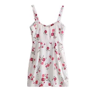 Sweet RED Flower Print Sling Mini Dress White Women Side Zipper Package hips Party Dresses With Lining Vestido 210429