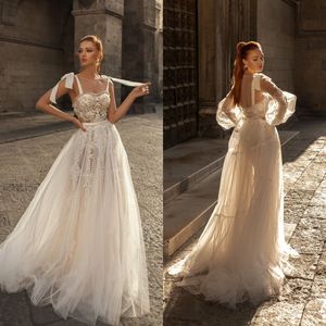 2021 Elegant Wedding Dresses with Tulle Jacket Spaghetti Backless Lace Appliques Bridal Gowns Custom Made Sweep Train A Line Dress Robe De Mariee