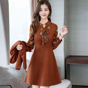 Vestido de lã de inverno feminino manga comprida impressão vestido mulheres terno terno de duas peças set em v-pescoço de vc vestidos de uma linha vestidos mulheres z09 210426