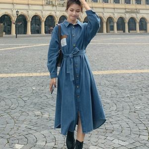 Spring ladies denim long sleeve fashion big size single breasted lace-up mid calf jean dress 16Q176 210510