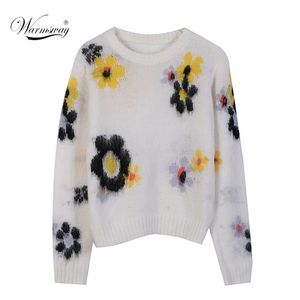 Runway Damskie Sweter Sweter Spadek Moda Cienka Okrągła Neck Kwiatowy Puszysty Knit Mohair Panie Jumper B-081 210522