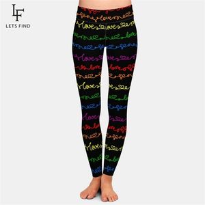 LetFind Women Elastic Slim Leggings Love Word and Hearts Handskriven Line Print High Waist Plus Size Fitness Leggings 211014