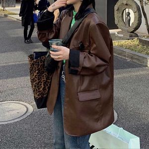 ヴィンテージルーズレザージャケット女性韓国のPUシックモト女性春ファッションストリートウェア女性の冬Y2Kコート210604
