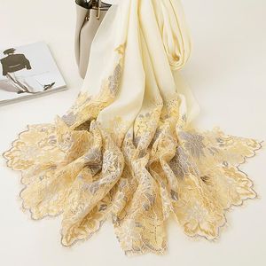 Bufandas de invierno de lana pura para mujer, estola bordada de encaje de lujo, chal Beige, Pashmina cálida para mujer, Foulard de Cachemira 100% para mujer