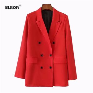 BLSQR Женщины Красный костюм Blazer Весна Мода Куртка Двухборкидные Карманные Пикары Куртки Работы Офис Бизнес 211019