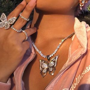 Grande grande pingente de borboleta com 5mm cz tênis cadeia colar para mulheres hip hop jóias com prata banhado por atacado