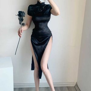 Womengaga Çin tarzı balıkçı yaka moda sokak siyah bölünmüş katı renk cheongsam elbise shor kol ince mizaç kadın Q3L 210603