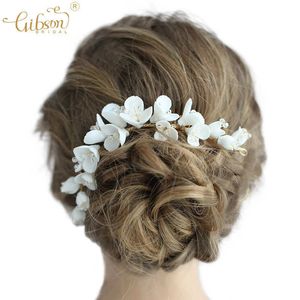 Gibson Bridal Elegante Cabelo Acessórios Branco Cerâmica Flor Cabelo Pente Pins Brinco Partido De Casamento Headpiece Jóias X0625