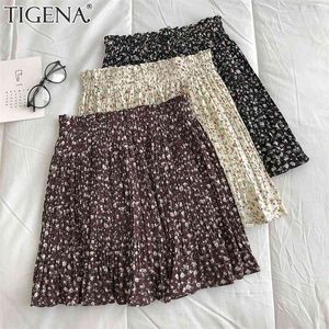 TIGENA Nette Mini Plissee Sommer Rock Frauen Koreanische Mode Blumendruck Eine Linie Hohe Taille Chiffon Shorts Weibliche Strand 210708