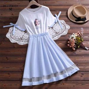 Mori Girl Summer Sexy Patchwork Mesh Sukienka Szkoda Krótki Rękaw Drukowane Fałszywe Dwa Sztuki Sundress Preppy Style Sweet Vestidos 210520