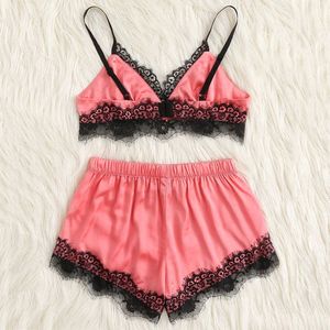 Damen Pyjama Spitze Nachtwäsche Strap Dessous Trim Satin Tops Shorts Set Schleife Babydoll Sexy Pyjamas Anzug ärmellose Nachtwäsche Q0706