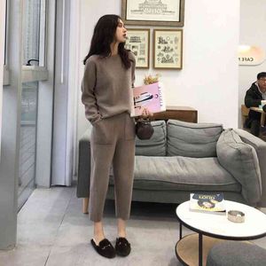 Women's suit Knitted 2 pieces Set Tracksuit Autumn Thick Warm O-neck Loose Sweater+Ankle-Length Pants Cashmere Suit 210805