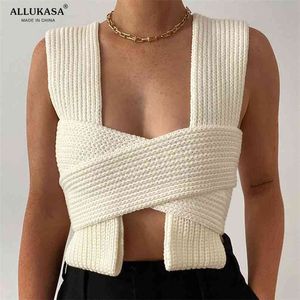 2022 Ärmlös Stickad Crop Sweater Sexig Höst Sommar Fashion Vest Black Casual White Jumper Top Kvinna Pullover Fall Women 210903