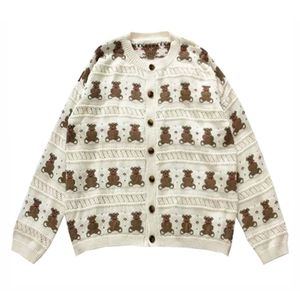 Kanske är du Kvinnor Kort Tunn tröja Stickad O Neck Crew Neck Cardigan Knapp Polka Beige Bear Cartoon Outwear Höst M0144 210806