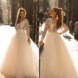 Elegant Wedding Dresses V Neck Long Sleeves Button Back Lace Appliques Bridal Gowns Custom Made Sweep Train A Line Dress Robe De Mariee