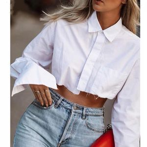 Kobiety Koszula Sexy Turn-Down Collar White Bluzka Z Długim Rękawem Kobiet Jesień Biuro Streetwear Moda Crop Top Damskie Bluzki Koszule