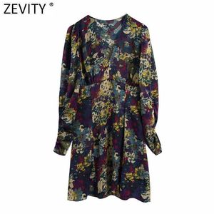 ZEVITY Bahar Kadın Tatlı V Boyun Çiçek Baskı Bir Çizgi Mini Elbise Bayanlar Pileler Puf Kollu Rahat Ince Kimono Vestido DS4860 210603