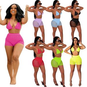 Mulheres Dois Parte Outfits Swimwear Lantejoulas Push Up Bra Tops See-Thr Sourts Sets Verão Verão Biquíni Swimsuit Sexy Clubwear Sportswear 564 Y2