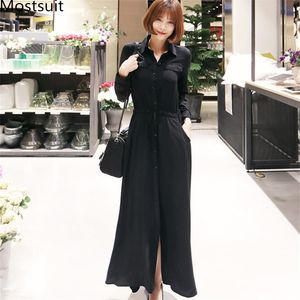 韓国のファッションソリッドロングシャツドレス女性シングルブレスト分割OLスタイルカジュアルプリーツドレスvestidosブラックブルー210518