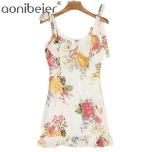 Summer Women's Casual Floral Print Ruffles Adjust Spaghetti Strap Dress Sleeveless Sweetheart High Waist Mini 210604