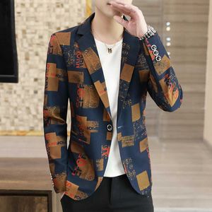 Designer Print Blazer Masculino Casual Suit Jacka Bröllop Business Dress Coat Single Button Office Social Jackor Men Kläder 210527