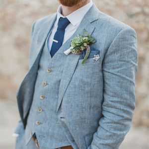 Senaste Coat Pant Designs Ljusblå linne Bröllopskläder för män Beach Terno Slim Fit Groom Custom Piece Tuxedo Suit Vestidos