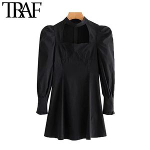 Women Chic Fashion Hollow Out Fitted Mini Dress Vintage High Neck Puff Sleeve Back Zipper Female Dresses Mujer 210507