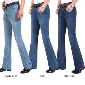 Gratis Mäns Högkvalitativa Business Casual Boot Cut Jeans Mid Midist Flares Semi-Flared Bell Bottom Byxor Plus Storlek 27-38 210716