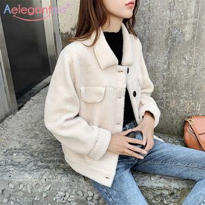 Aelegantmis Casual Fickor Wool Blandningar Coat Kvinnor Höst Vinter Faux Fur Hooded Teddy Kvinna Fleece Fluffy Overcoat 210607