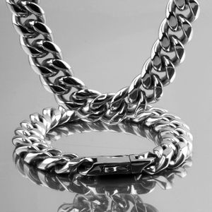 12 мм мужчины женщин кубинских ссылок цепь еврельщики наборы хип-хоп из нержавеющей стали высокой полированной задвижкой Choker ожерелье браслет 8,5 