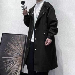 Men's Long Trench Medium Length Style Windbreaker Black/khaki Color Hooded Jackets High-quality Coats Fashion Outerwear 210524