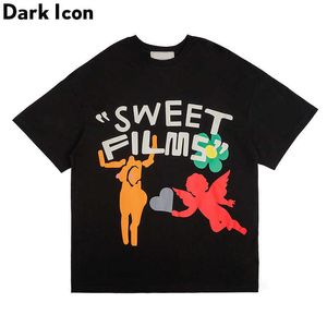 Bunte gedruckte Männer Frauen T-Shirt Kurzarm Sommer Winkel Süße Film Herren T-Shirts Schwarz Weiß T-Shirt Streetwear 210603