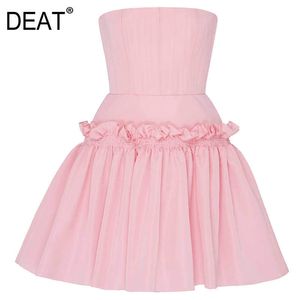 [DEAT] Women Dress Strapless Ruffled Pleated Solid Temperament Sleeveless Loose Fit Fashion Spring Summer 13T946 210527