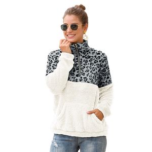 Kadınlar Polar Kazak Kış Rahat Faux Kürk Leopar Patchwork Garip Kadın Hoodies Sıcak Balıkçı Yaka Fermuar Kalın Sherpa Tops 211019