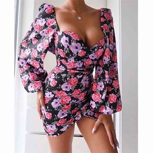 Women Dress Sexy Ladies Evening Party Floral Print Prom Ball Mini Lantern Long Sleeve Bag Hip V-Neck Slim Clubwear 210522