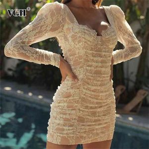 Patchwork Lace Sexy Dress For Women Square Collar Long Sleeve High Waist Ruched Bodycon Dresses Female Fashion Stylish 210531