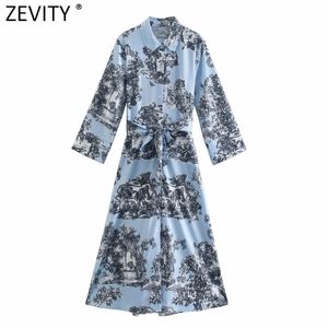 Zevity Women Vintage Ink Flower Print Bow Sashes Shirt Dress Office Lady Long Sleeve Chic Casual Slim Kimono Midi Vestido DS8102 210325