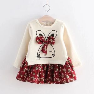 Girls Dress Spring Autumn Flower Stitching Princess Toddler Girl Cute Rabbit Bow Children 210515