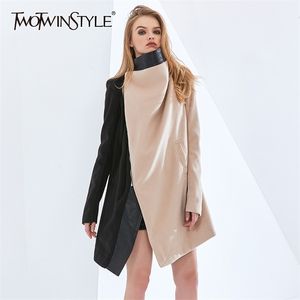 Jaqueta de couro PUL Tweed PU para Mulheres Lapela de Manga Comprida Casual Hit Color Colors Fashion Moda Primavera 210524