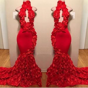 Design Halter Red Mermaid Prom Dresses Appliques Sexy Formal Evening Dress Sweep Train Satin Fashion Cocktail Party Gowns