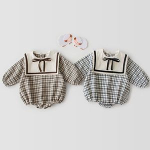 Navy Wind Girls Boys Romper Baby Clothes Spring Long Sleeve Girl Grid Rompers Jumpsuit 210429